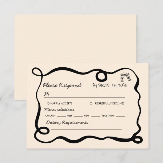 Black hand drawn champagne whimsical wedding RSVP karte (Vorne/Hinten)