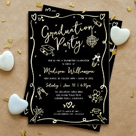 Black Hand Drawn Doodle Graduation Party Real Gold Folieneinladung