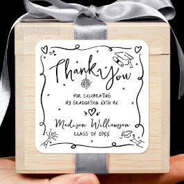 Black Hand Drawn Doodle Graduation Thank You White Quadratischer Aufkleber