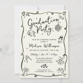 Black Hand Drawn Doodles Graduation Party Cream Einladung (Vorderseite)