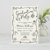 Black Hand Drawn Doodles Graduation Party Cream Einladung (Stehend Vorderseite)