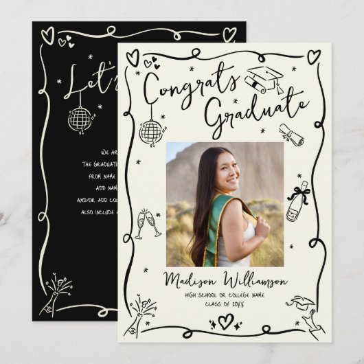 Black Hand Drawn Doodles Graduation Photo Cream Ankündigung (Vorne/Hinten)