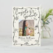 Black Hand Drawn Doodles Graduation Photo Cream Ankündigung (Stehend Vorderseite)