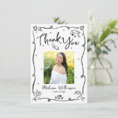  Black Hand Drawn Doodles Photo Graduation White Dankeskarte (Stehend Vorderseite)
