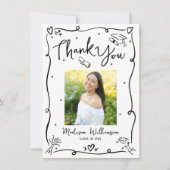  Black Hand Drawn Doodles Photo Graduation White Dankeskarte (Vorderseite)