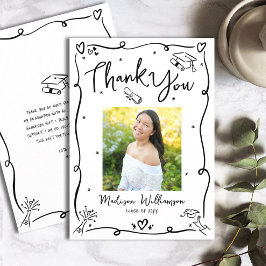  Black Hand Drawn Doodles Photo Graduation White Dankeskarte