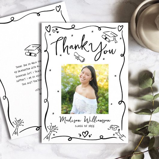 Black Hand Drawn Doodles Photo Graduation White Dankeskarte