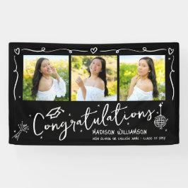 Black Hand Drawn Style Doodles Graduation 3 Photo Banner