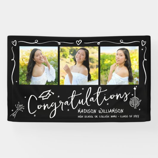 Black Hand Drawn Style Doodles Graduation 3 Photo Banner (Horizontal)