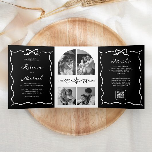 Black Hand Drawn White Bow QR Code Photo Wedding Dreifach Gefaltete Einladung