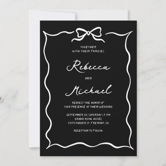 Black Hand Drawn White Bow QR Code Photo Wedding Einladung (Vorderseite)