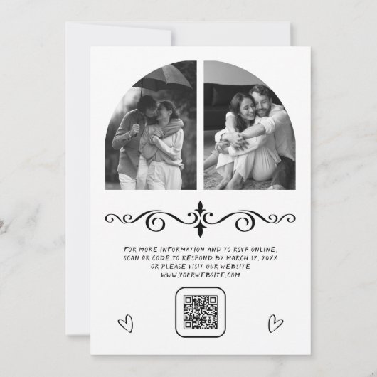 Black Hand Drawn White Bow QR Code Photo Wedding Einladung (Rückseite)