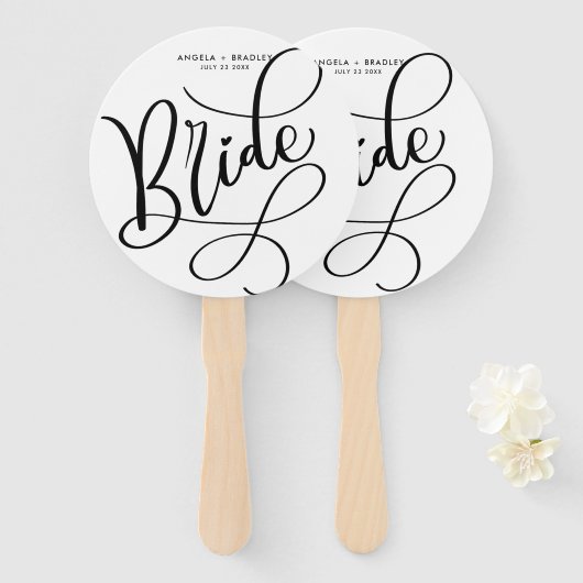 Black Hand Letted Script Bride Wedding Fan Fächer (Vorne und Hinten)