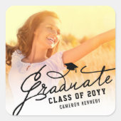 Black Handwriting Graduate Script Modernes Foto Quadratischer Aufkleber (Vorderseite)