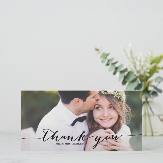 Black Handwriting Script Wedding Danke Foto (Stehend Vorderseite)