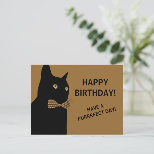 Black Happy Birthday Cat mit einer braunen Krawatt Postkarte (Stehend Vorderseite)