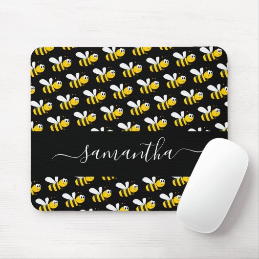 Black happy bumble bees fun humor monogram script mousepad (Mit Mouse)