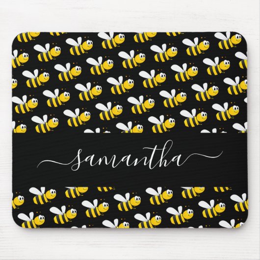 Black happy bumble bees fun humor monogram script mousepad (Vorne)