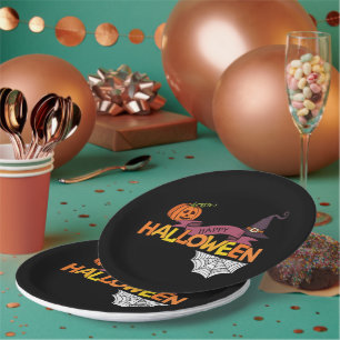 Black Happy Halloween Greeting Paper Plate Pappteller