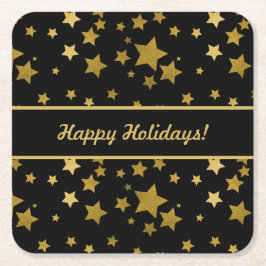 Black Happy Holidays Coaster with Golden Stars Rechteckiger Pappuntersetzer
