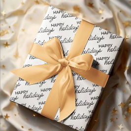 Black Happy Holidays Wortart Muster auf Weiß Geschenkpapier