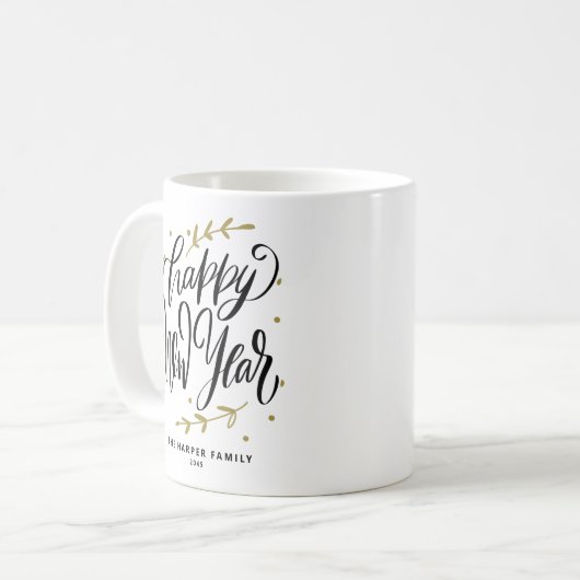 Black Happy New Year Modern Calligraphy Wreath Kaffeetasse