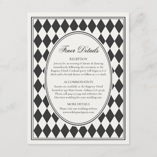 Black Harlequin Checkered Finer Details Wedding Begleitkarte (Vorderseite)