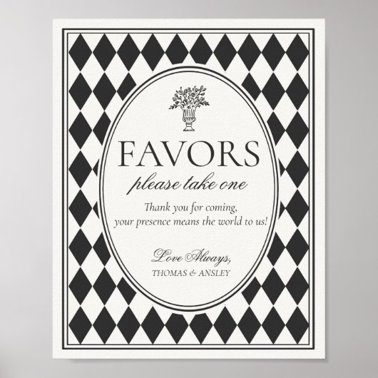 Black Harlequin Checkered Wedding Favors Sign Poster (Vorne)