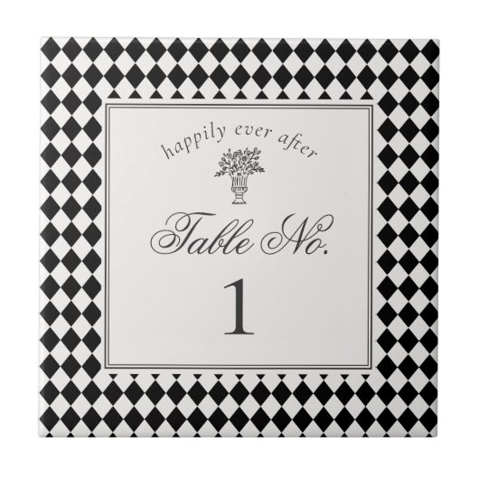 Black Harlequin Checkered Wedding Table Number Fliese (Vorderseite)