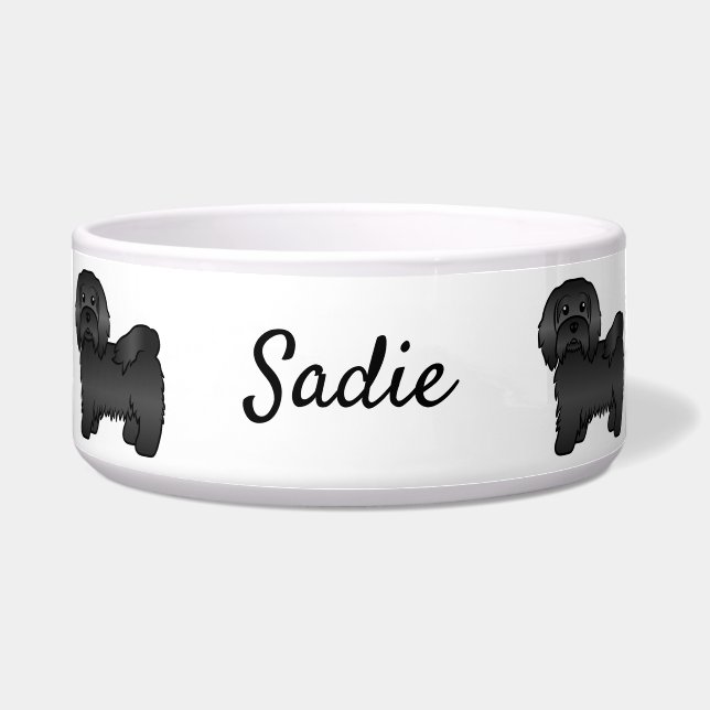 Black Havanese Cartoon Dog Illustration & Name Napf (Vorderseite)