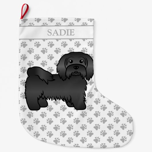 Black Havanese Niedlich Cartoon Dog & Name Großer Weihnachtsstrumpf (Vorderseite)