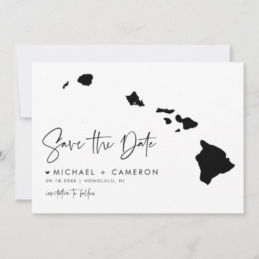 Black Hawaii Map Modernes Minimalistisches Skript Save The Date (Vorderseite)