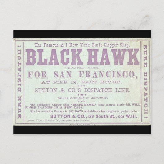 Black Hawk Klipper-Schiff 1900 Postkarte (Vorderseite)