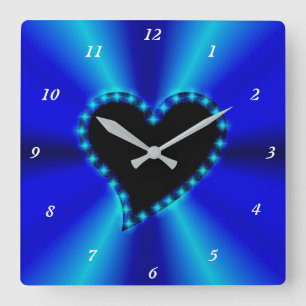 Black Heart with Stars on Blue Rainbow Quadratische Wanduhr