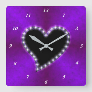 Black Heart with Stars on Pink Purple Rainbow Quadratische Wanduhr