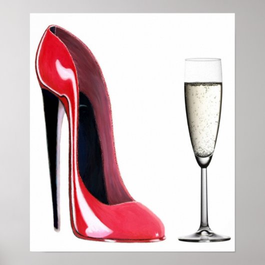 Black Heel Red Stiletto Shoe und Champagne Print Poster (Vorne)