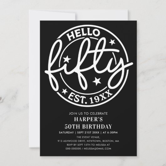 Black Hello 50. Geburtstag Einladung (Vorderseite)