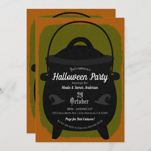 Black Hexe Cauldron Orange Green Halloween-Party Einladung (Vorne/Hinten)