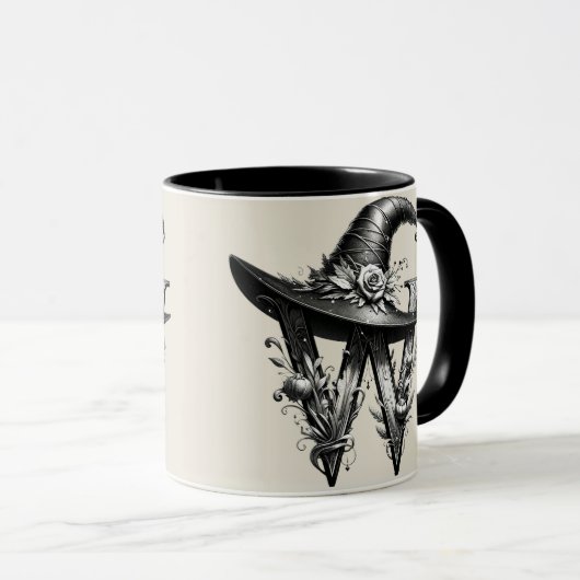 Black Hexenhutheft W Custom Initial Tasse (VorderseiteRechts)