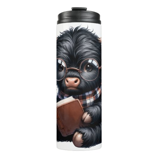 Black Highland Cow Reading A Book Thermosbecher (Vorderseite)