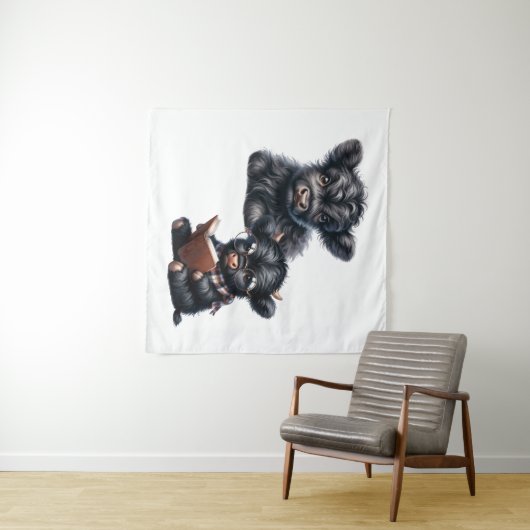 Black Highland Cow Reading A Book Wandteppich (Beispiel (Horizontal))