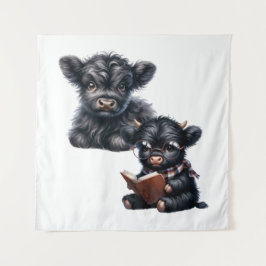 Black Highland Cow Reading A Book Wandteppich