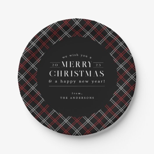 Black Holiday Plaid Christmas Pappteller (Vorderseite)