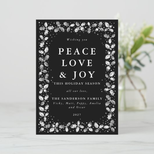 Black Holly Peace Liebe + Joy Feiertagskarte (Stehend Vorderseite)