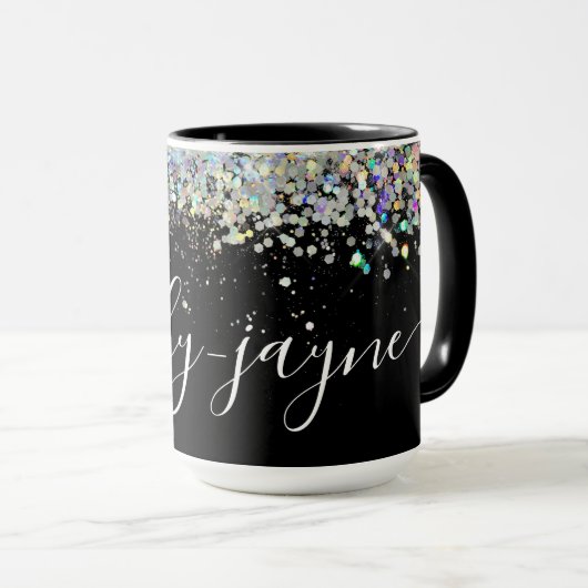 Black Holographic Glitzer Handschrift Name Tasse (VorderseiteRechts)