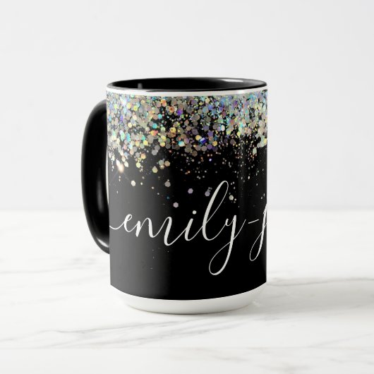 Black Holographic Glitzer Handschrift Name Tasse (Vorderseite Links)