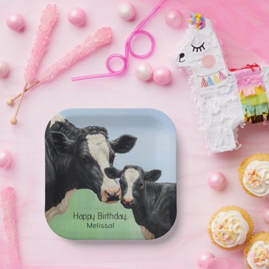 Black Holstein Cow & Niedlich Calf Pappteller (Party)