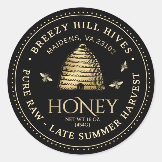 Black Honey Jar Label (Gold Skep) gepunktete Grenz Runder Aufkleber (Vorderseite)