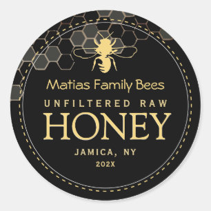 Black Honey Label mit stilisierten Bienen und Honi Runder Aufkleber