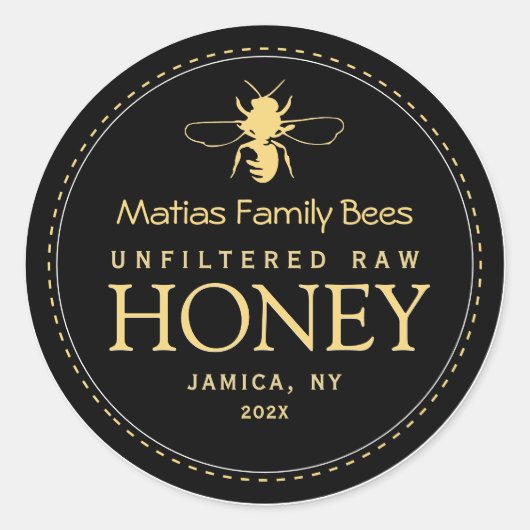 Black Honey Label mit stilisierten Bienen und Honi Runder Aufkleber (Vorderseite)